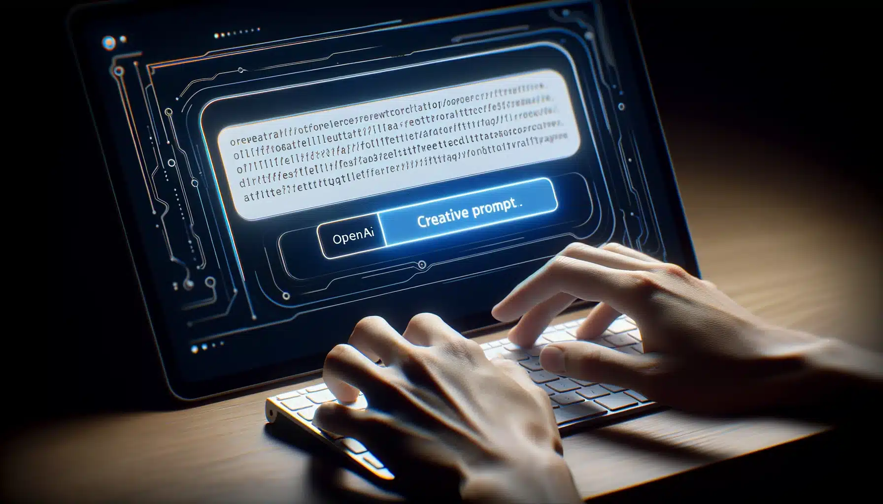 vue en gros plan et à la première personne des mains en train de taper un prompt dans un champ de texte sur un écran d'ordinateur, avec le logo OpenAI visible dans un coin de l'écran
