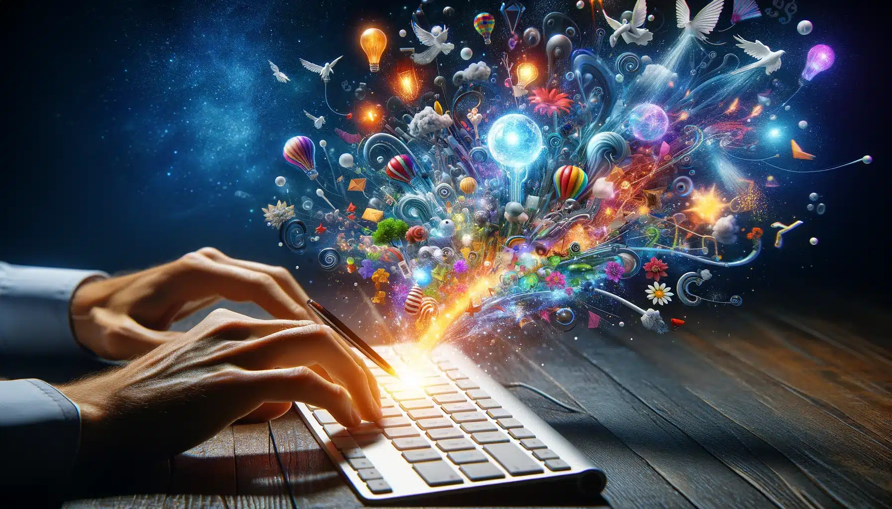 Vue en gros plan et à la première personne des mains tapant sur un clavier d'ordinateur, avec des éléments imaginaires émergeant directement de l'écran, créant une scène magique où la fantaisie et la réalité se fondent.