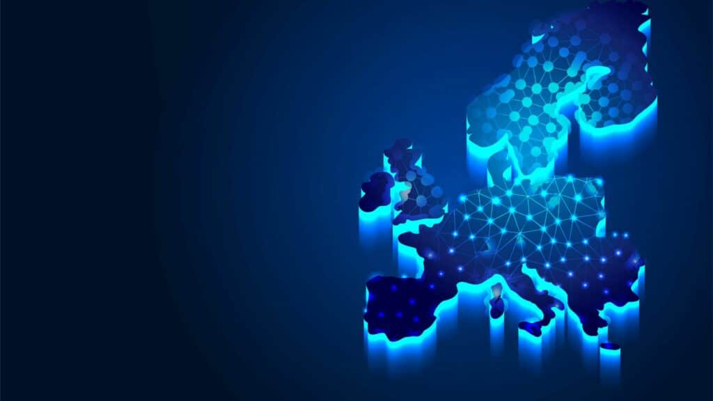 Représentation numérique de l'Europe symbolisant l'innovation et la régulation