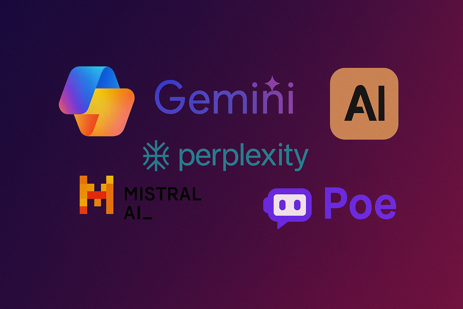 Logos des principales alternatives à ChatGPT : Gemini, Perplexity, Poe, Mistral AI et Claude AI, sur fond dégradé violet.