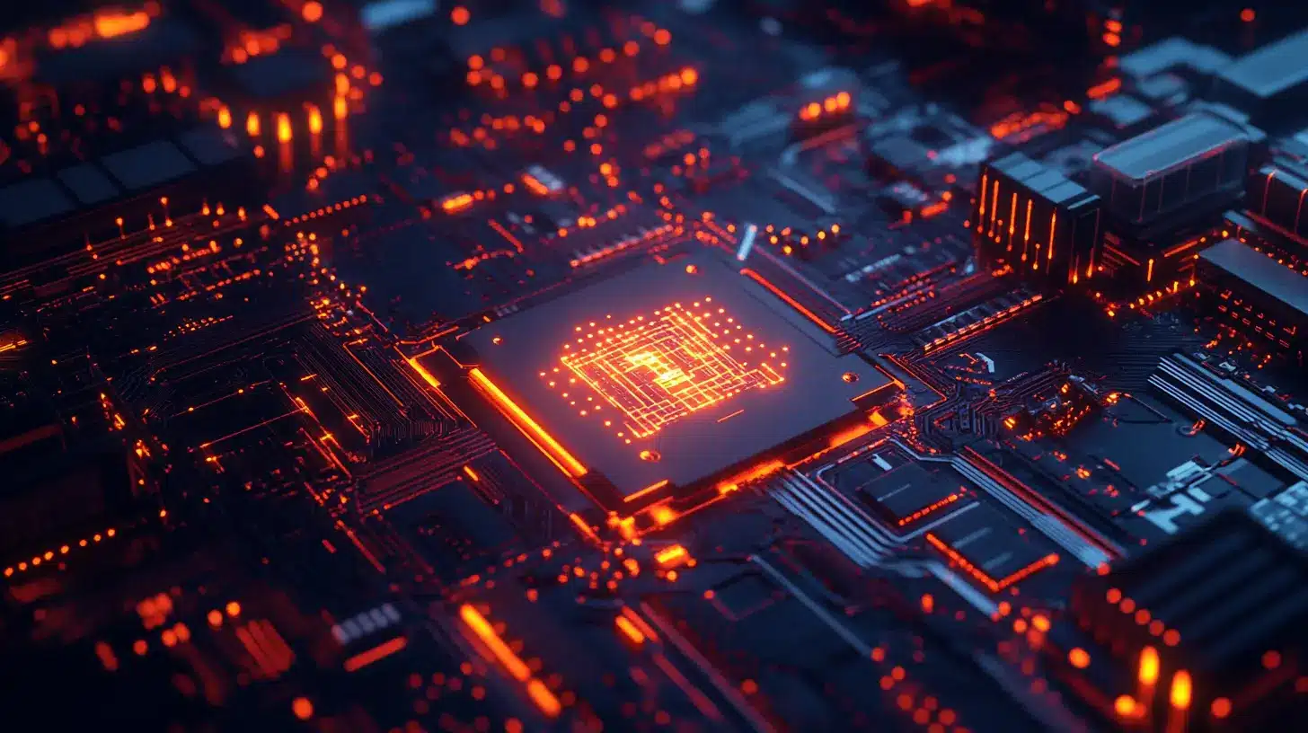 Un noyau futuriste brillant au centre d'une carte de circuit informatique, représentant le kernel d'un système d'exploitation.
