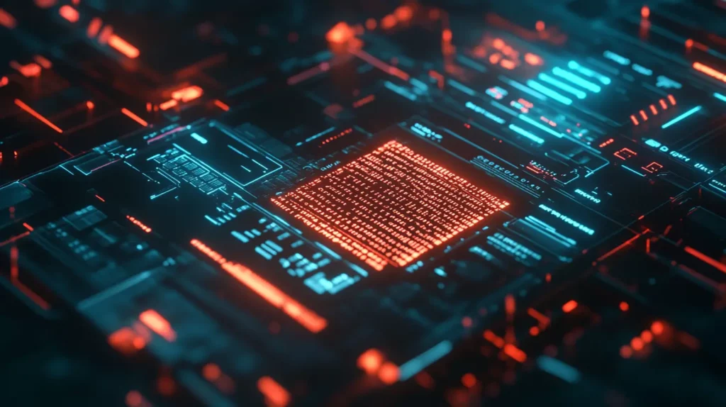 Un écran de démarrage avec du code de boot système défilant, une esthétique futuriste, un symbole de kernel lumineux en arrière-plan
