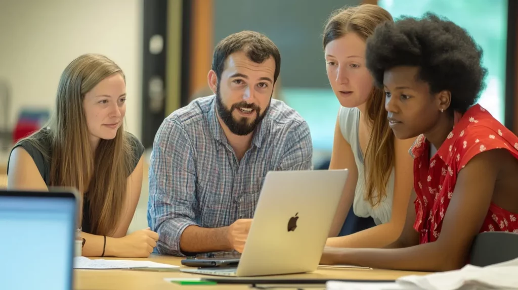 Un groupe de collègues collaborant autour d’un ordinateur portable dans un environnement de travail moderne. L’équipe, composée d’hommes et de femmes, échange activement des idées, illustrant un travail en mode agile et une gestion de projet collaborative. L’ambiance est dynamique et studieuse, reflétant les principes du management agile axés sur l’interaction, l’adaptabilité et la coopération.