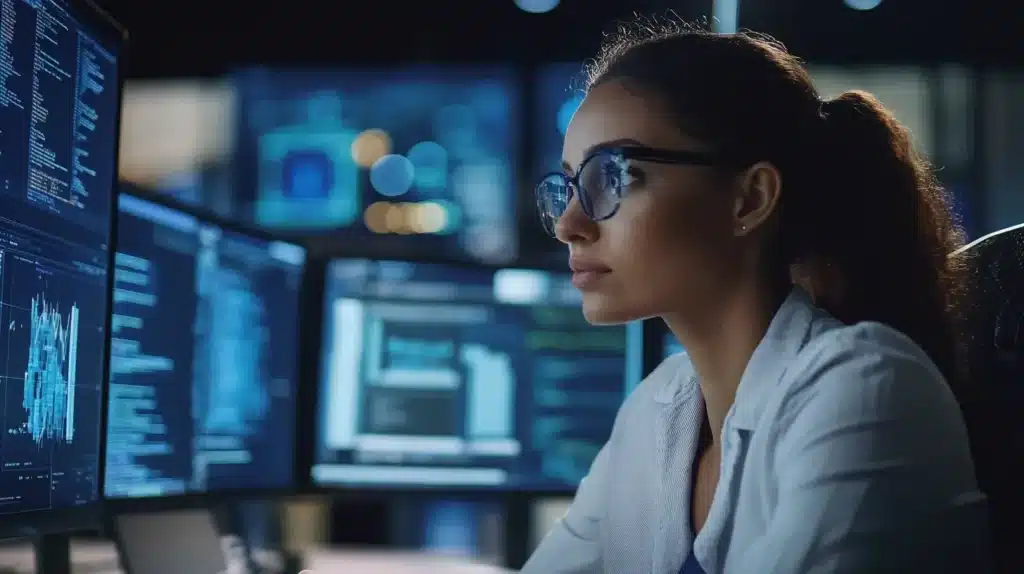 Professionnelle portant des lunettes travaillant sur des écrans et visualisant des données ce qui représente la discipline de business analysis