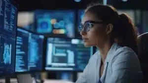 Professionnelle portant des lunettes travaillant sur des écrans et visualisant des données ce qui représente la discipline de business analysis
