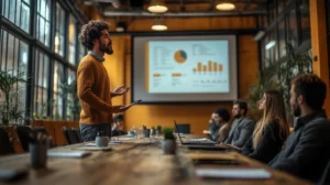 Groupe de personnes assis dans une salle de réunion, un homme leur présente des graphiques illustrant bien les statistiques utilisées pour une User Story.