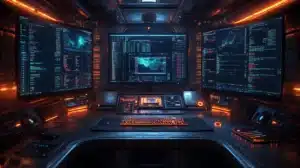 Trois grand écrans affichant des algorithmes et des codes dans un environnement IT développé représentant la discipline du développement logiciel.