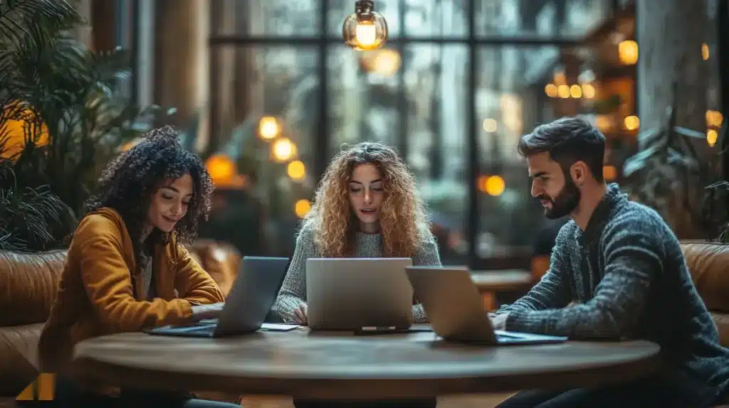 Trois personnes travaillent côte à côte dans un open space dans un environnement collaboratif représentatif de la User Story et de la manière de la travailler en équipe.