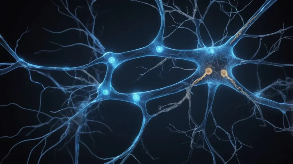 Illustration conceptuelle représentant des connexions neuronales lumineuses sur fond sombre, symbolisant les réseaux neuraux et neuronaux. L’image met en évidence les interconnexions entre neurones biologiques et artificiels, évoquant l’intelligence artificielle et les neurosciences.