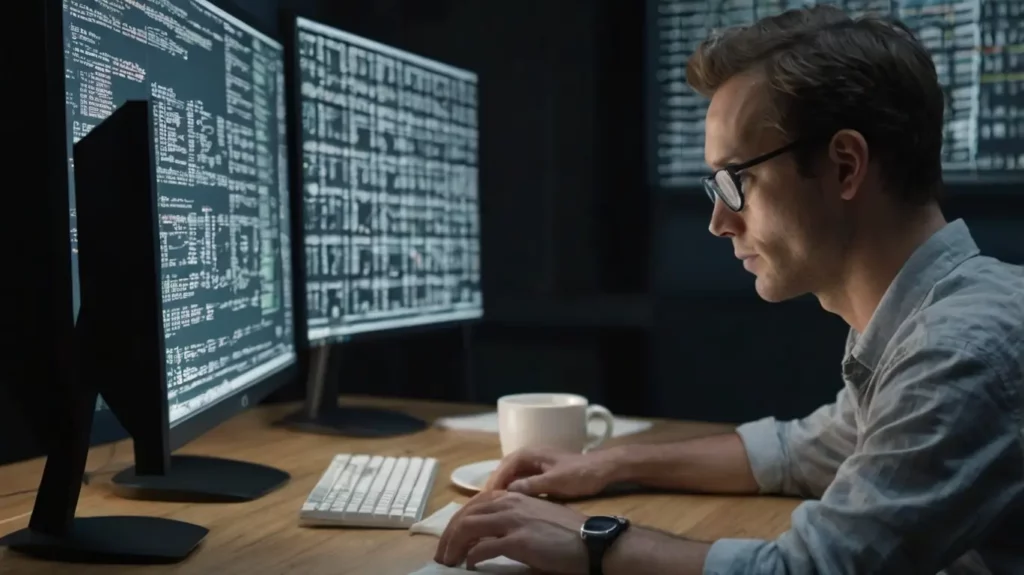 Un développeur concentré devant son écran d’ordinateur, travaillant avec DeepSeek Coder V2 pour générer et optimiser du code. Deux moniteurs affichent du code et des suggestions de l’IA, illustrant son utilisation dans un environnement de programmation professionnel.