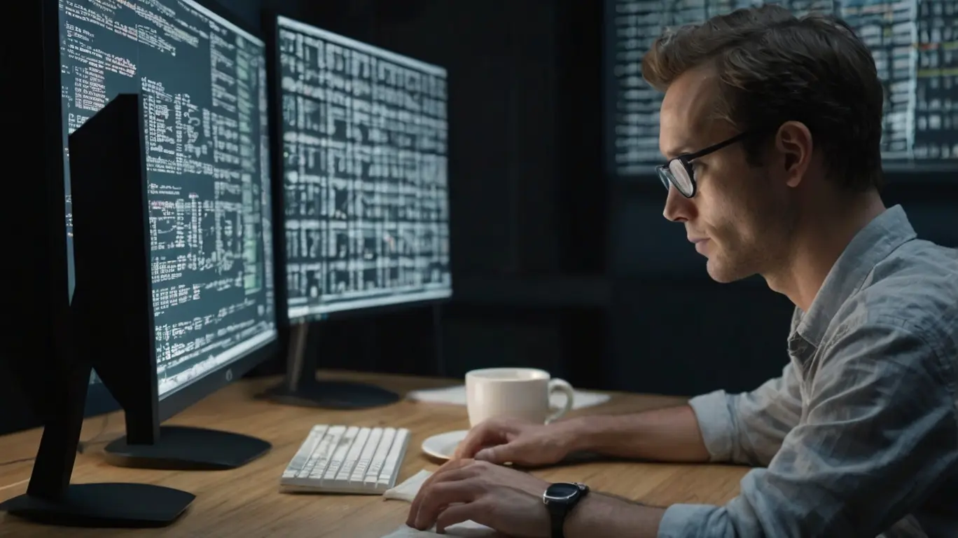 Un développeur concentré devant son écran d’ordinateur, travaillant avec DeepSeek Coder V2 pour générer et optimiser du code. Deux moniteurs affichent du code et des suggestions de l’IA, illustrant son utilisation dans un environnement de programmation professionnel.
