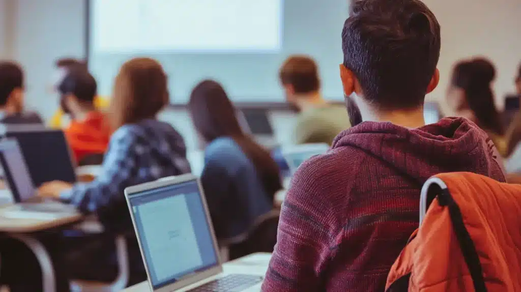 Des étudiants en formation assistent à un cours en alternance, travaillant sur leurs ordinateurs portables dans une salle de classe. Ce cadre illustre parfaitement le dispositif du contrat de professionnalisation, combinant enseignement théorique et apprentissage en entreprise.