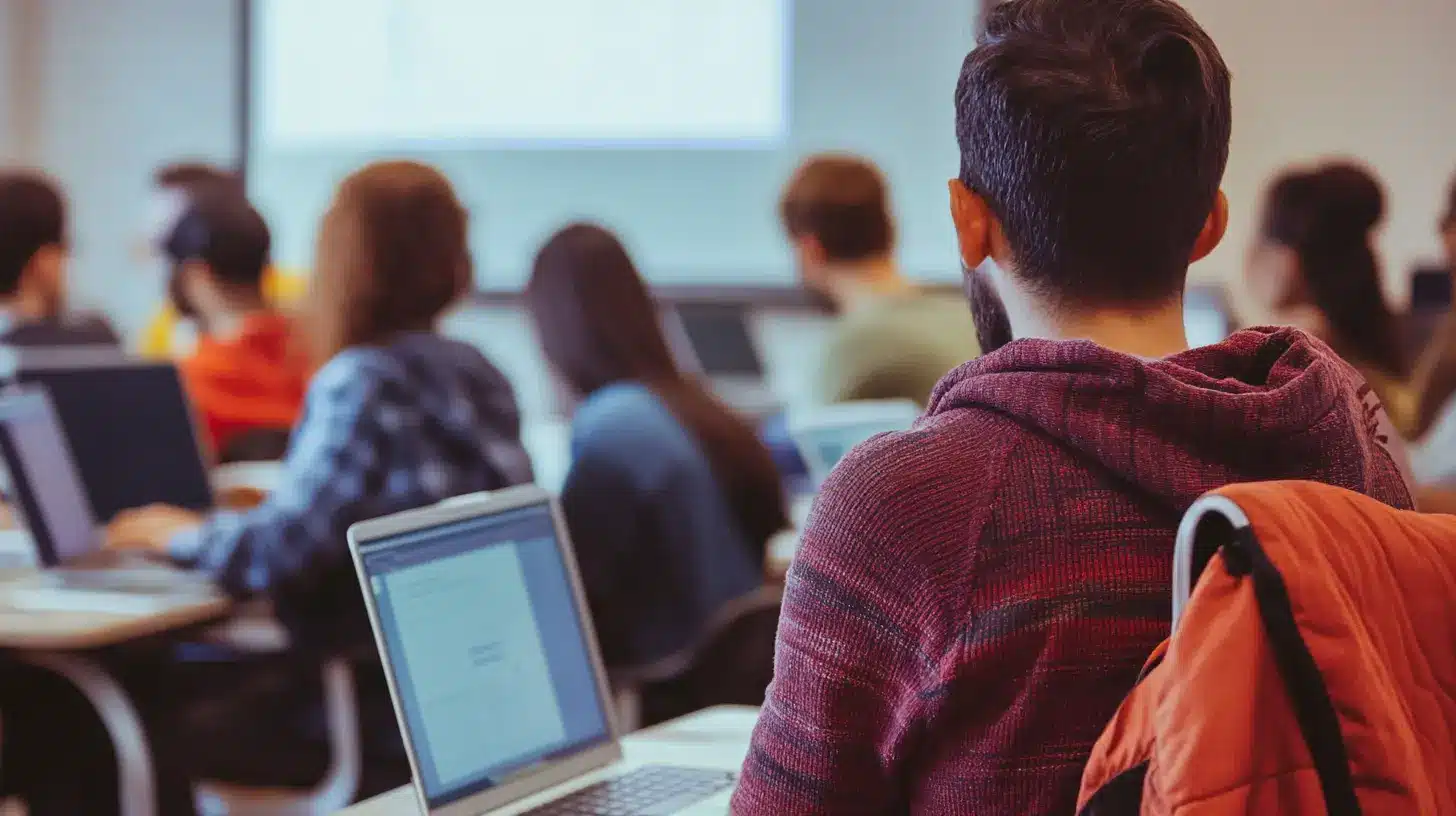 Des étudiants en formation assistent à un cours en alternance, travaillant sur leurs ordinateurs portables dans une salle de classe. Ce cadre illustre parfaitement le dispositif du contrat de professionnalisation, combinant enseignement théorique et apprentissage en entreprise.
