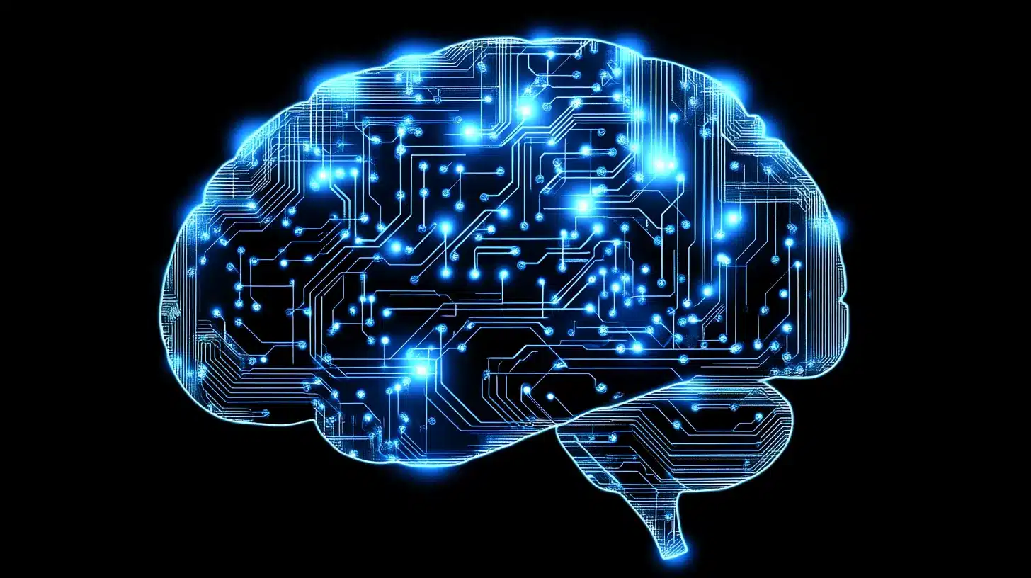 Illustration numérique d’un cerveau artificiel avec des circuits lumineux bleus, symbolisant l’intelligence artificielle et la puissance du modèle de langage Phi-4 de Microsoft.