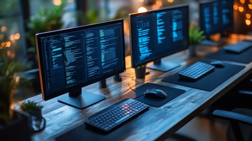 Ensemble d'écrans alignés dans un bureau moderne, affichant des interfaces de développement ou de gestion de flux complexes, symbolisant un flux de données de type 'Salesforce Spaghetti Flow', dans un environnement technologique professionnel avec une ambiance lumineuse chaleureuse.