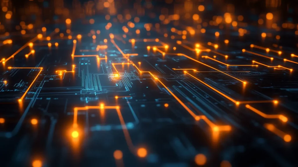 Visualisation d’un réseau neuronal optimisé par Mixture of Experts (MoE), illustrant le routage intelligent des données à travers des circuits interconnectés, optimisant le traitement de l’intelligence artificielle.