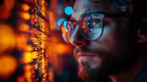 Gros plan sur un professionnel réalisant un audit de sécurité, avec des reflets de lignes de code et de données lumineuses sur ses lunettes. Une interface numérique sophistiquée symbolise l’analyse des vulnérabilités et la protection du réseau.