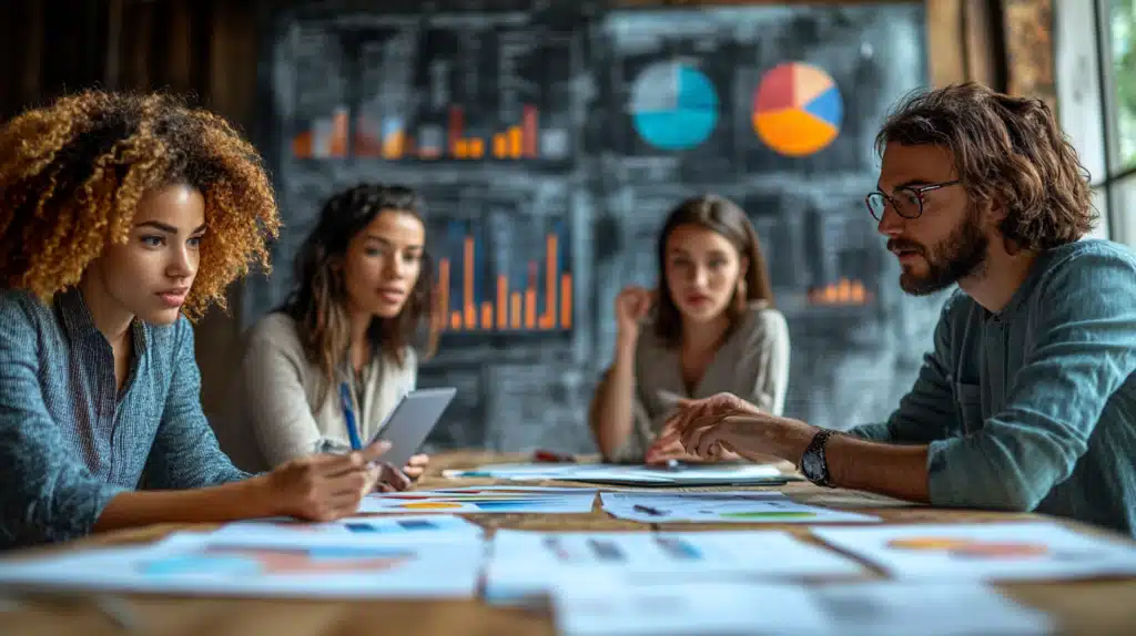 Une équipe de collaborateurs en pleine session de brainstorming, analysant des données de satisfaction client et des graphiques colorés affichant les tendances du Net Promoter Score (NPS)