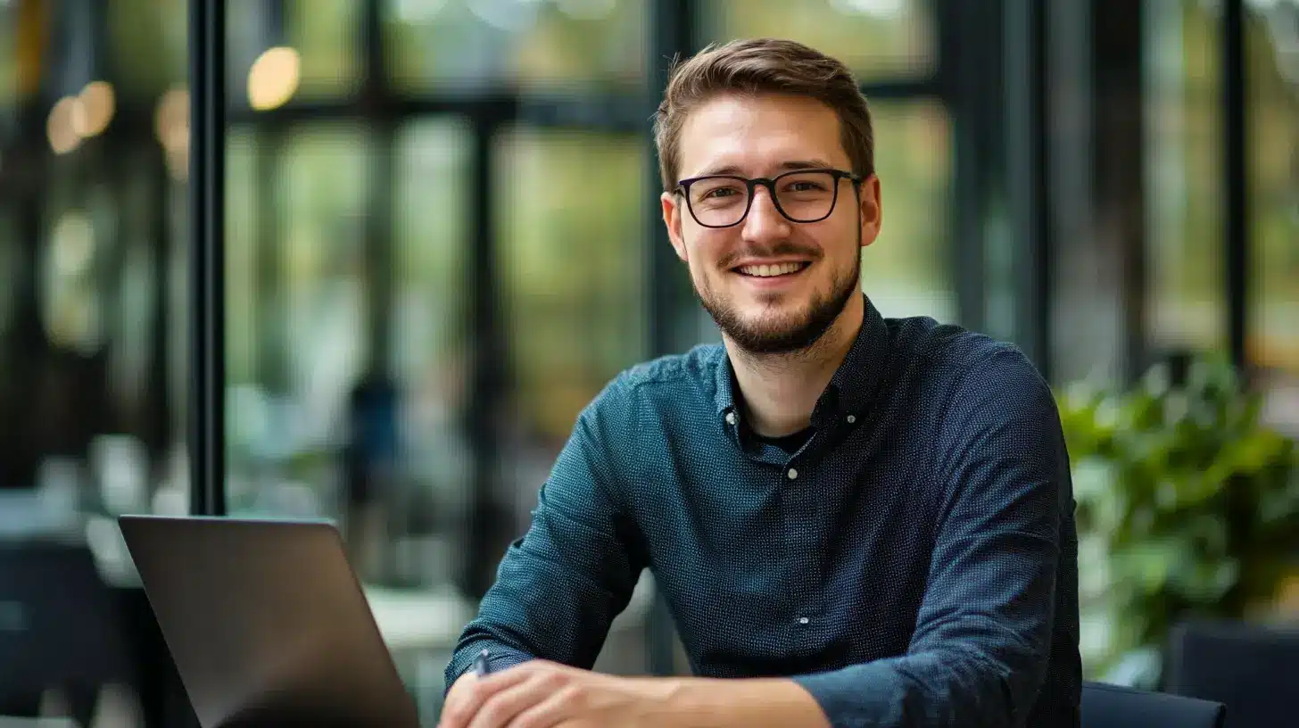 Jeune apprenti souriant travaillant sur un ordinateur portable dans un espace de coworking moderne, préparant son contrat d’apprentissage avant le début de sa formation. Confiant et motivé, il profite d’un cadre lumineux et professionnel.