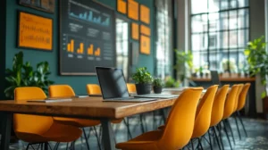 Une salle de réunion moderne et lumineuse avec un ordinateur portable sur la table, entourée de chaises orange. En arrière-plan, des graphiques et des tableaux stratégiques illustrent des données de performance et des objectifs liés à la stratégie commerciale.