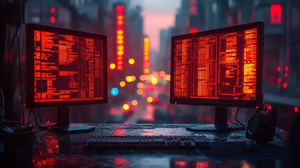 Deux écrans d’ordinateur affichant du code et des erreurs en rouge vif, dans un environnement urbain nocturne avec des lumières floues en arrière-plan. Cette image symbolise le débogage, un processus crucial en programmation consistant à identifier et corriger les bugs qui perturbent le fonctionnement d'un système.