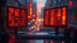 Deux écrans d’ordinateur affichant du code et des erreurs en rouge vif, dans un environnement urbain nocturne avec des lumières floues en arrière-plan. Cette image symbolise le débogage, un processus crucial en programmation consistant à identifier et corriger les bugs qui perturbent le fonctionnement d'un système.