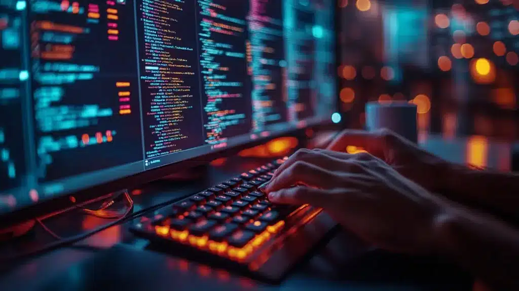 Un expert en cybersécurité effectuant des recherches avancées à l’aide de Google Dorks sur un écran haute résolution. Les lignes de code colorées affichées sur plusieurs moniteurs indiquent une analyse approfondie des données et des vulnérabilités en ligne. L’ambiance lumineuse suggère une veille stratégique dans un environnement sécurisé.