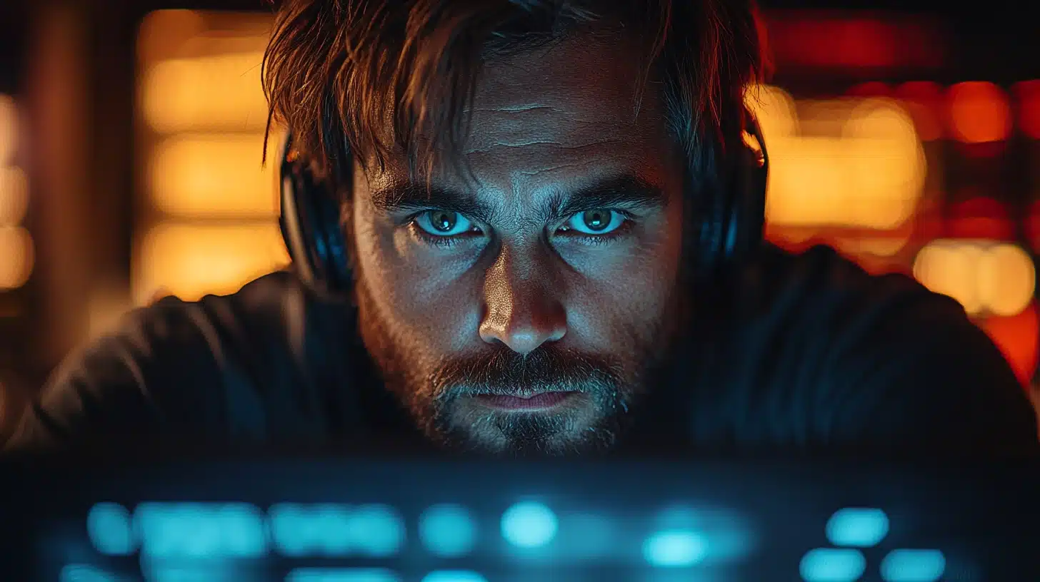 Un hacker concentré, portant un casque et scrutant intensément son écran d’ordinateur dans un environnement sombre et cybernétique. Les lumières bleues et rouges reflètent une atmosphère de cybersécurité et de cyberattaque, évoquant des techniques comme le bruteforce avec Hydra pour tester des identifiants d’accès.