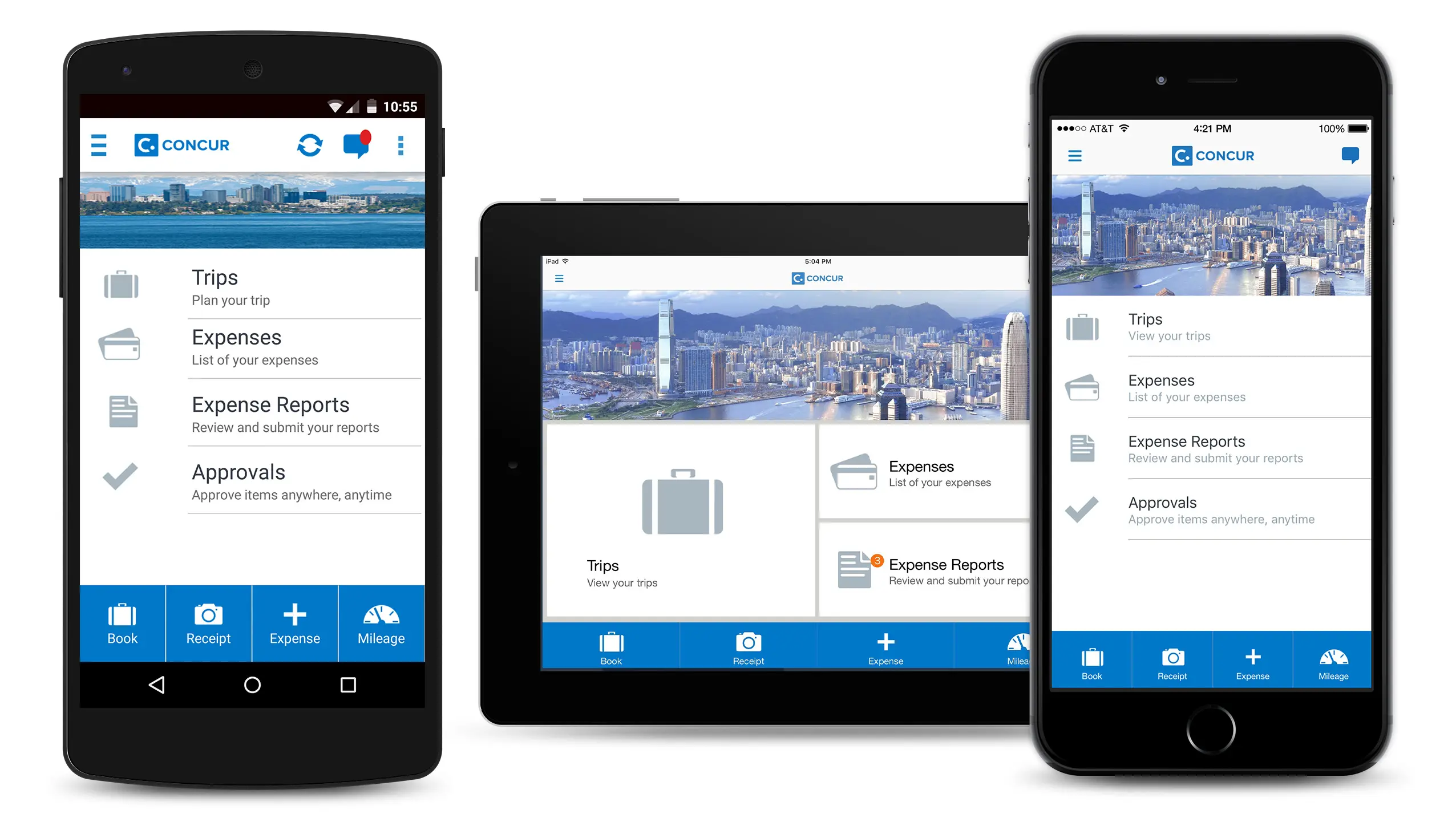 Interface mobile de SAP Concur : gestion des voyages, des dépenses et des rapports de dépenses sur smartphone et tablette.