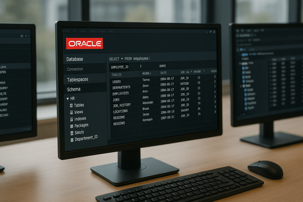 Écrans d’ordinateur affichant une interface Oracle en entreprise, avec des données SQL visibles dans un environnement de bureau moderne et lumineux.