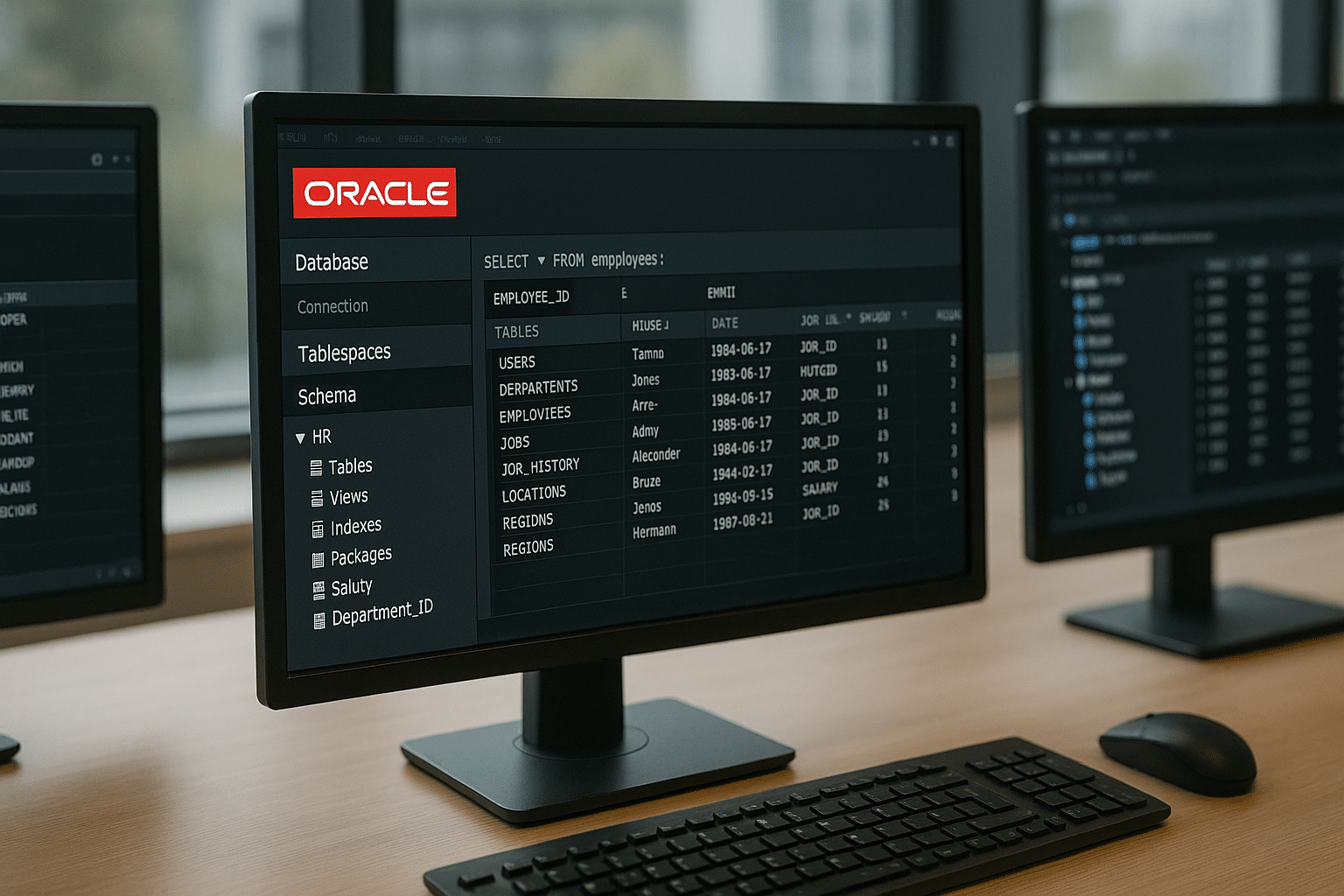 Écrans d’ordinateur affichant une interface Oracle en entreprise, avec des données SQL visibles dans un environnement de bureau moderne et lumineux.