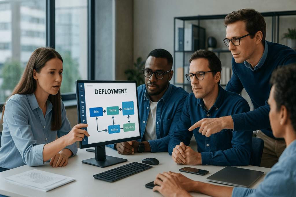 Consultante SIRH collaborant avec l’équipe DSI pour déployer un nouveau logiciel RH dans un environnement de travail moderne et connecté.