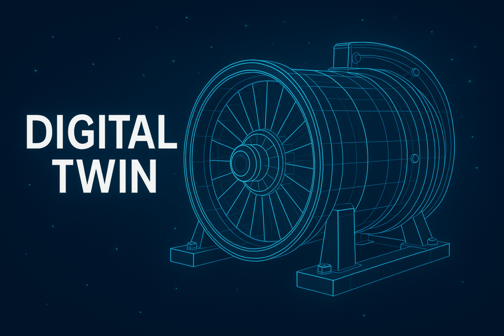 Illustration numérique d'un jumeau numérique ("Digital Twin") représentant une turbine industrielle modélisée en fil de fer bleu néon sur fond bleu foncé étoilé, avec le texte "DIGITAL TWIN" affiché à gauche de l'image.