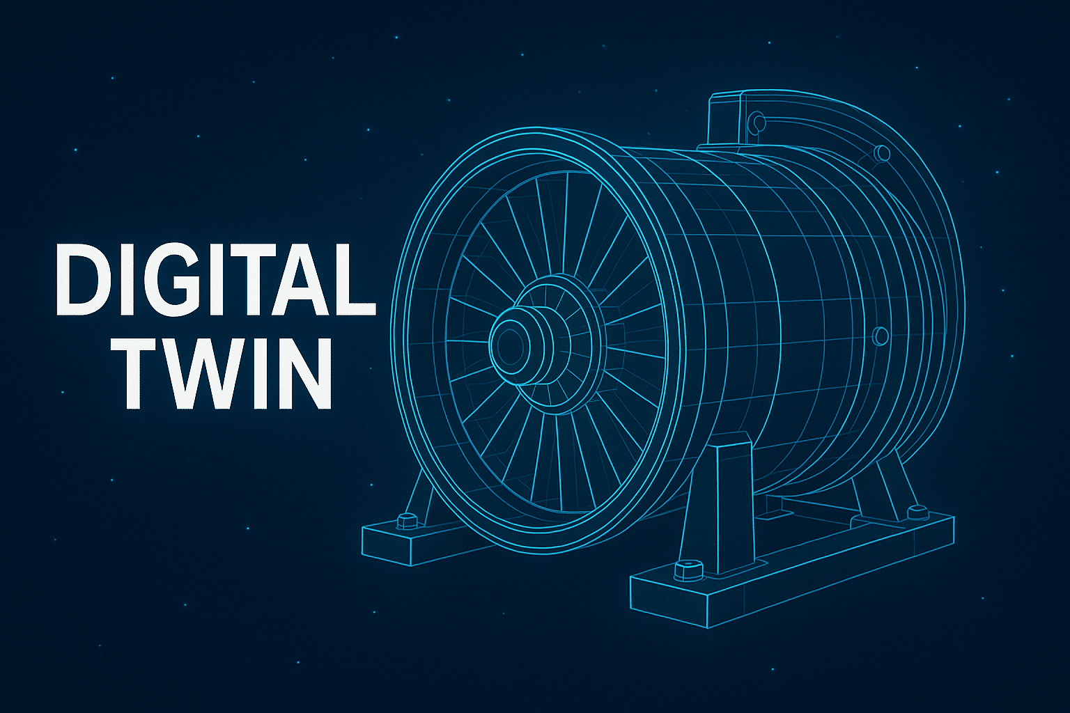 Illustration numérique d'un jumeau numérique ("Digital Twin") représentant une turbine industrielle modélisée en fil de fer bleu néon sur fond bleu foncé étoilé, avec le texte "DIGITAL TWIN" affiché à gauche de l'image.