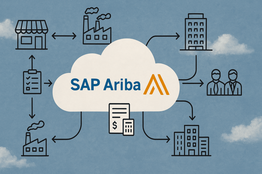 Schéma illustrant le fonctionnement de SAP Ariba : une plateforme cloud centralisée connectant divers fournisseurs (PME, grandes entreprises) via des flux de données numériques comme les commandes, devis et factures.