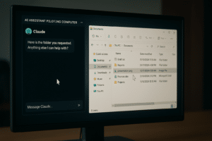 Illustration de Claude Computer en action sur un écran d'ordinateur, montrant des fenêtres ouvertes, des clics, des mouvements de souris simulés et le contrôle de différentes tâches informatiques par l'intelligence artificielle.