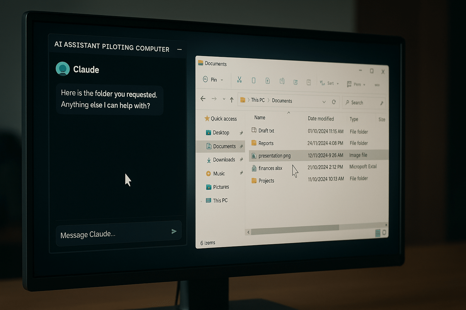 Illustration de Claude Computer en action sur un écran d'ordinateur, montrant des fenêtres ouvertes, des clics, des mouvements de souris simulés et le contrôle de différentes tâches informatiques par l'intelligence artificielle.