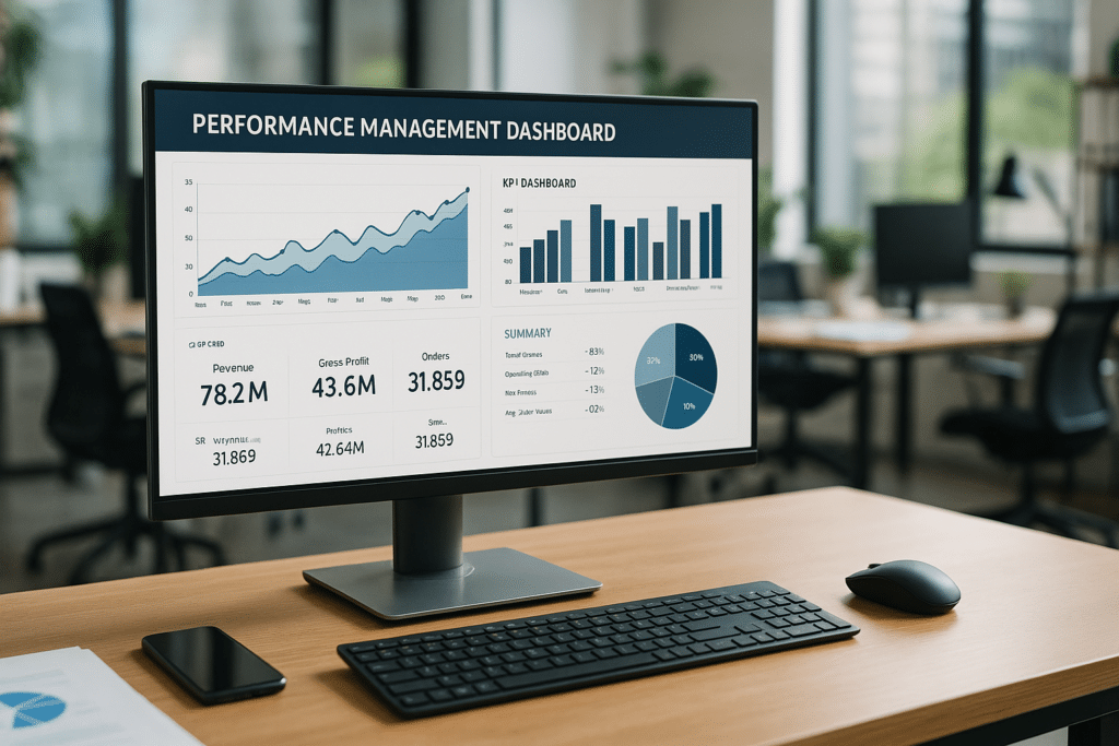 Image ultra-réaliste d'un bureau moderne avec un grand écran affichant un tableau de bord de pilotage de performance, comprenant des KPIs, des graphiques de performance et des tableaux de synthèse. Cette illustration montre un environnement professionnel où l'accent est mis sur l'analyse de données et la construction d'un tableau de bord efficace pour le suivi des performances.