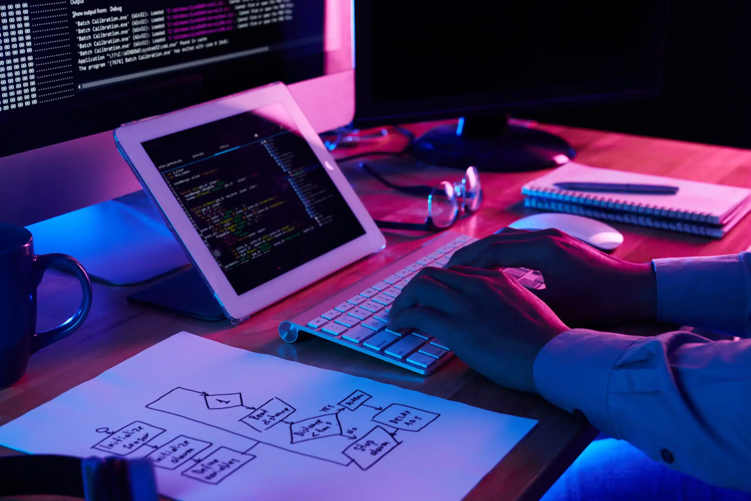 Poste de travail du meilleur développeur fullstack avec écrans affichant du code, tablette, schéma de logique métier et clavier rétroéclairé.