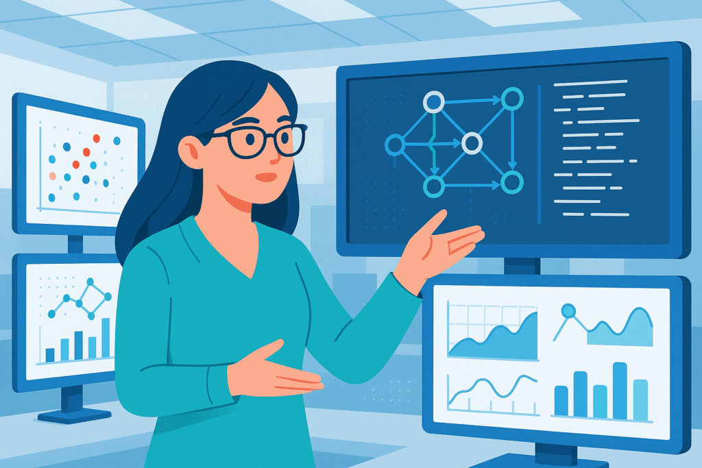 Ingénieure en intelligence artificielle présentant les capacités de Deepthink R1 à travers des visualisations de réseaux neuronaux et de données.