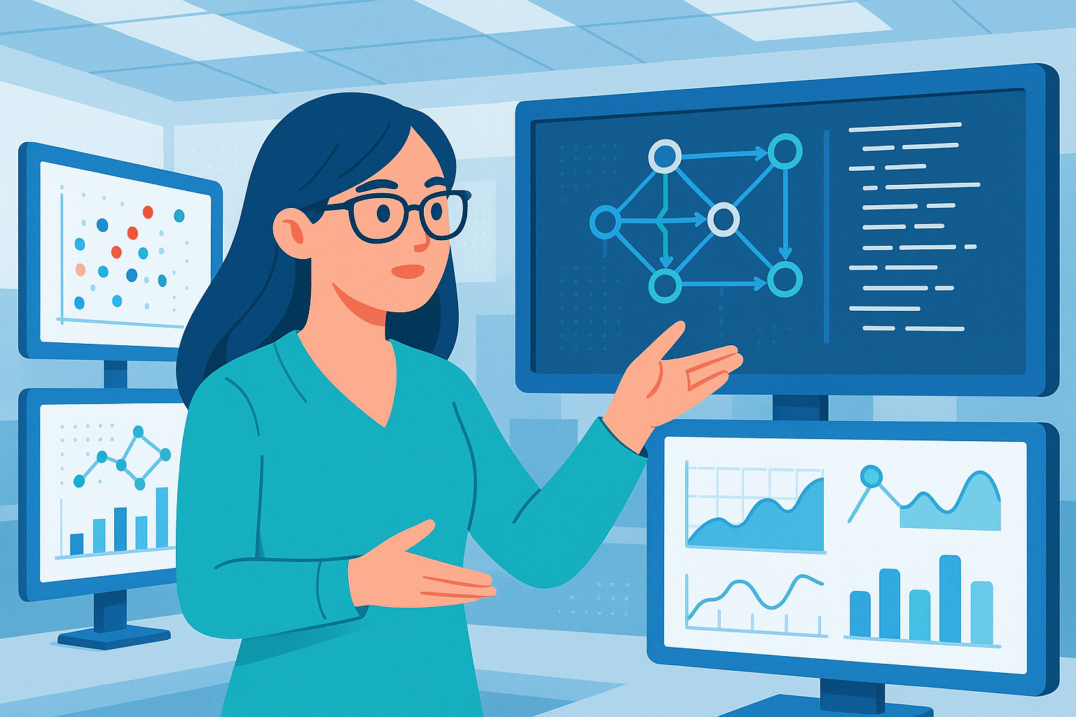 Ingénieure en intelligence artificielle présentant les capacités de Deepthink R1 à travers des visualisations de réseaux neuronaux et de données.