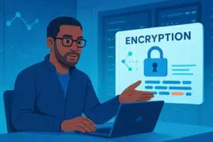 Un expert en informatique présentant le concept d'encryption dans le contexte de Transport Layer Security (TLS) sur un ordinateur portable.