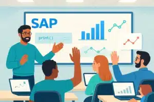 Session de formation sur Open SAP avec un formateur présentant des graphiques et des statistiques sur un écran devant des participants interactifs.