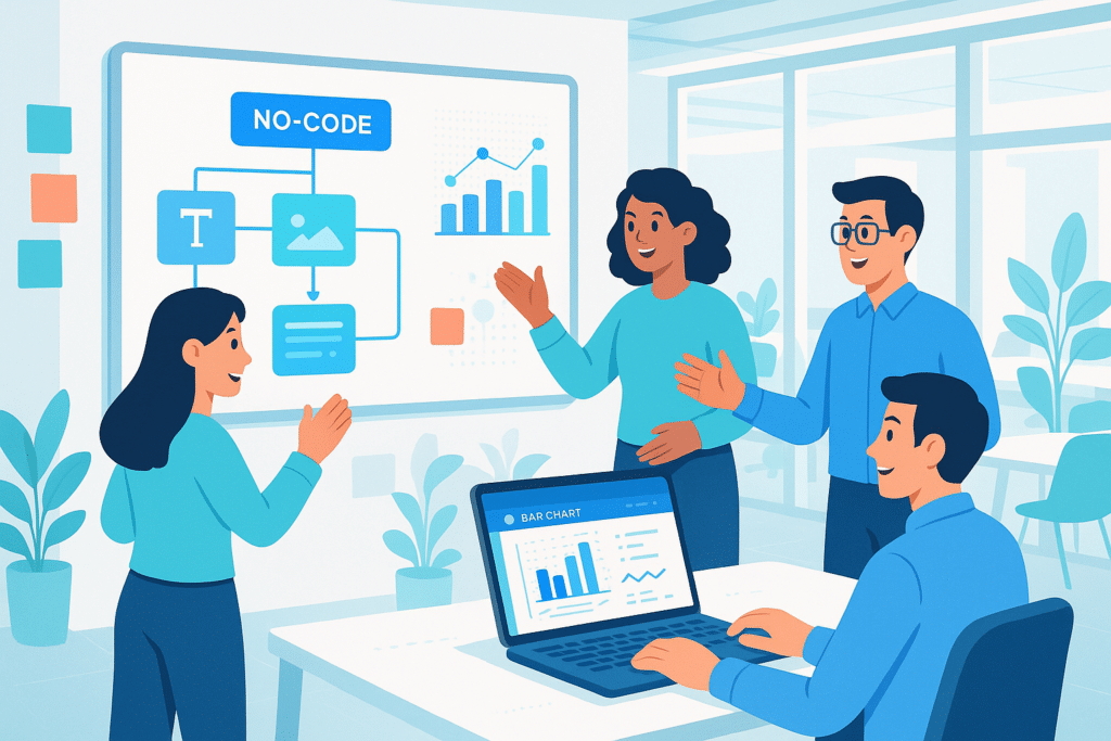 Équipe de Product Builders en réunion collaborative autour d’une présentation de workflow no-code, illustrant l’accessibilité des outils sans programmation.