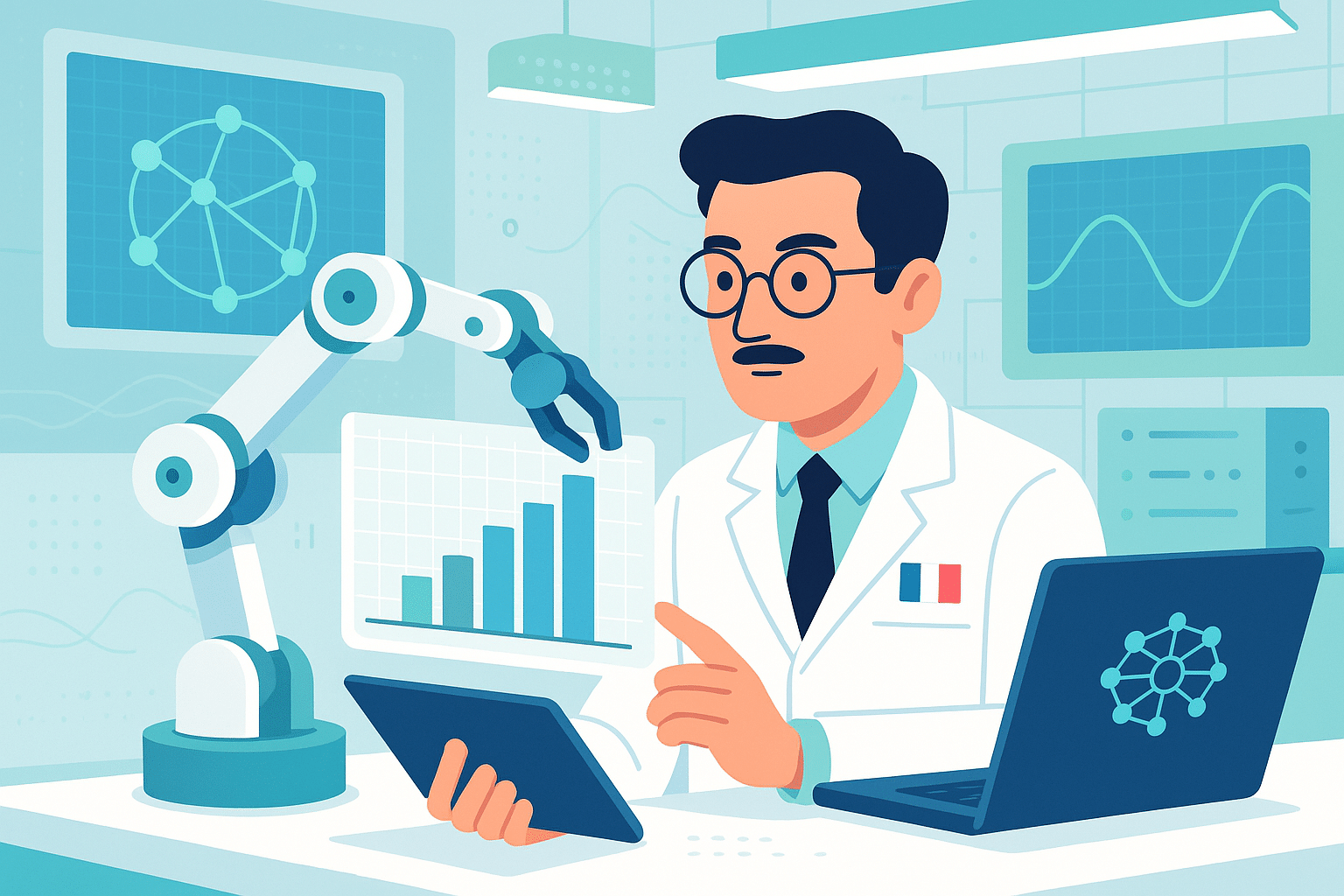 Scientifique en deeptech analysant des données sur l’intelligence artificielle et la robotique dans un laboratoire high-tech, en interaction avec un bras robotisé.