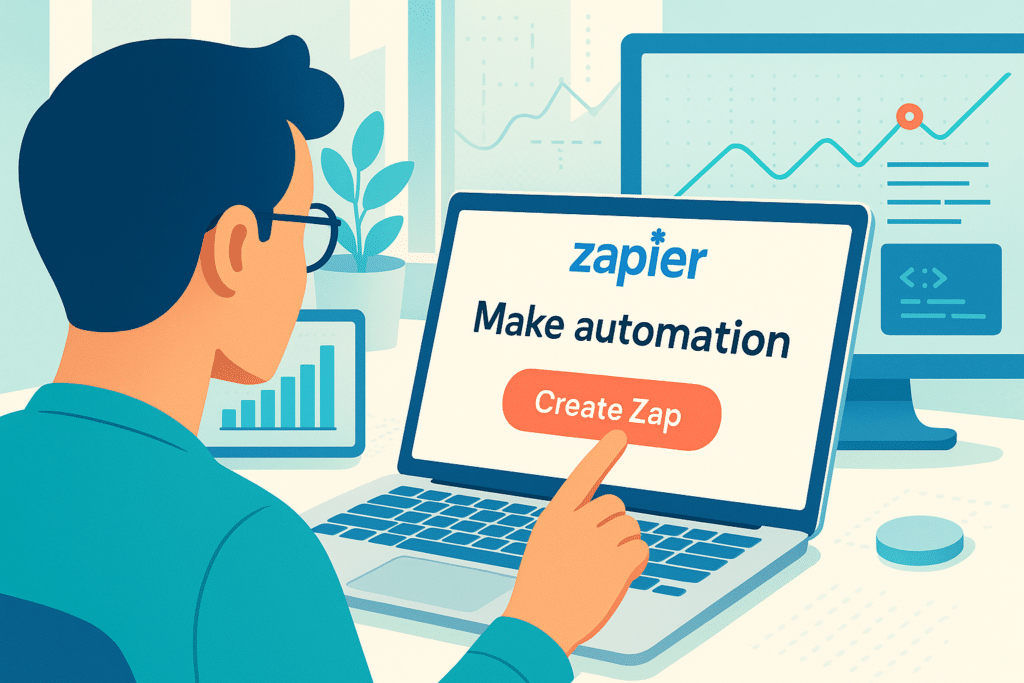 Utilisateur appuyant sur le bouton "Create Zap" sur un ordinateur portable affichant l’interface de Zapier, dans un environnement de bureau moderne.