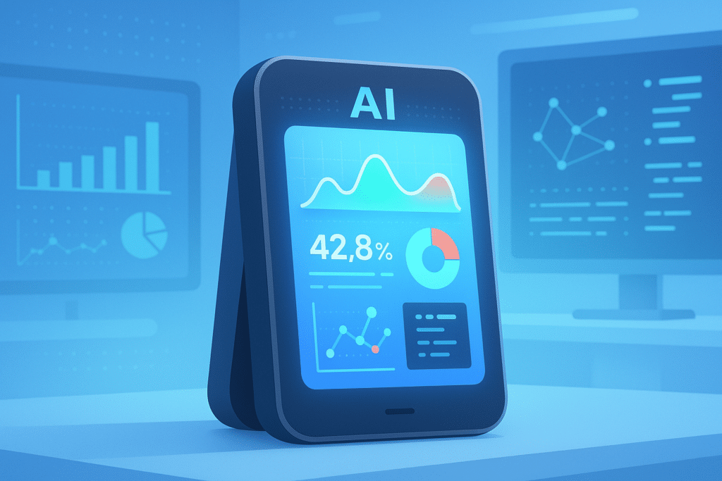 Interface d’analyse de performance IA sur tablette affichant les résultats générés par Deepthink R1, avec graphiques et indicateurs clés.