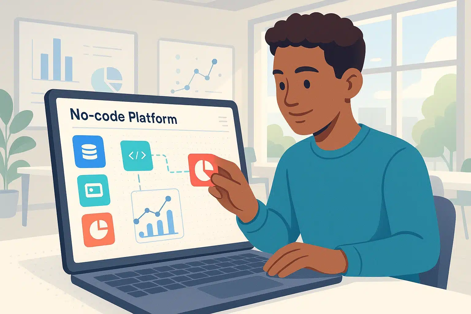 Illustration d'une plateforme no-code avec un utilisateur interagissant avec des icônes graphiques sur un ordinateur portable.