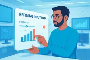 Un professionnel analysant des graphiques et des données sur un écran d'ordinateur, illustrant le concept de feature engineering.