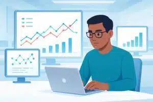Un débutant en data analytics travaillant sur un ordinateur portable avec des graphiques de données affichés sur plusieurs écrans.